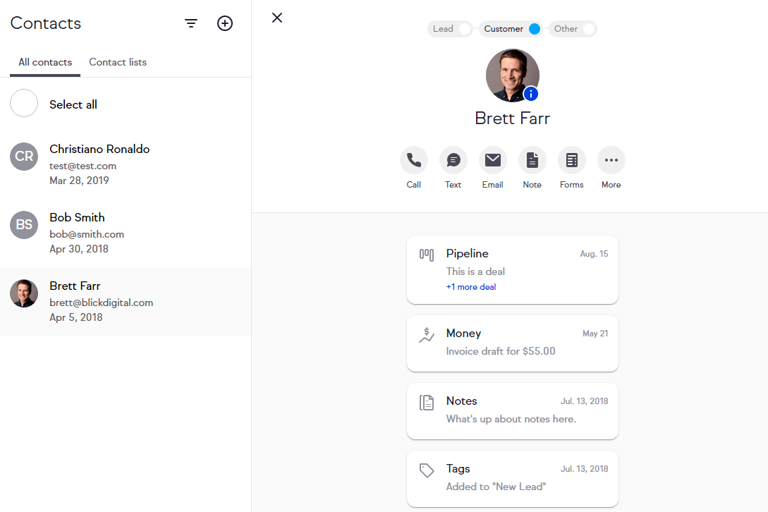 Screenshot of the Keap Contacts section.