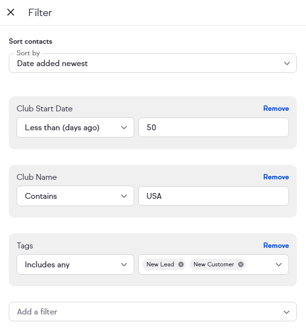 Screenshot of setting up a filter (segment) in Keap